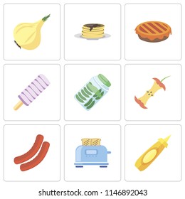 Set Of 9 simple editable icons such as Mustard, Toaster, Sausage, Apple, Pickles, Ice cream, Pie, Pancakes, Onion, can be used for mobile, pixel perfect vector icon pack