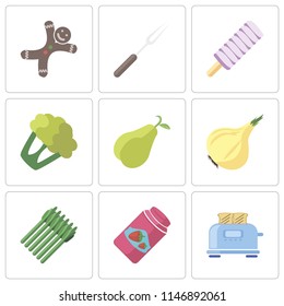 Set Of 9 simple editable icons such as Toaster, Jam, Asparagus, Onion, Pear, Cauliflower, Ice cream, Fork, Gingerbread, can be used for mobile, pixel perfect vector icon pack