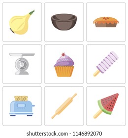 Set Of 9 simple editable icons such as Ice cream, Rolling pin, Toaster, Cupcake, Scale, Pie, Bowl, Onion, can be used for mobile, pixel perfect vector icon pack