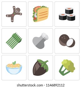 Set Of 9 simple editable icons such as Cauliflower, Hazelnut, Pasta, Coconut, Salt, Asparagus, Sushi, Taco, Gingerbread, can be used for mobile, pixel perfect vector icon pack