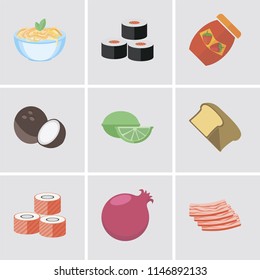 Set Of 9 simple editable icons such as Bacon, Pomegranate, Sushi, Bread, Lime, Coconut, Jam, Pasta, can be used for mobile, pixel perfect vector icon pack