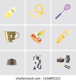 Set Of 9 simple editable icons such as Sushi, Milk, Pudding, Butter, Pizza, Tea, Spatula, Pretzel, Oil, can be used for mobile, pixel perfect vector icon pack