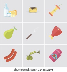 Set Of 9 simple editable icons such as Jam, Olives, Sausage, Ham, Fork, Pear, Apple, Pancakes, Dairy, can be used for mobile, pixel perfect vector icon pack