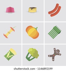 Set Of 9 simple editable icons such as Gingerbread, Cauliflower, Pasta, Asparagus, Pumpkin, Apple, Sausage, Pancakes, Jelly, can be used for mobile, pixel perfect vector icon pack