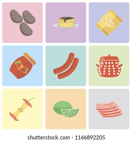 Set Of 9 simple editable icons such as Bacon, Lime, Apple, Pot, Sausage, Jam, Chips, Pancakes, Potatoes, can be used for mobile, pixel perfect vector icon pack