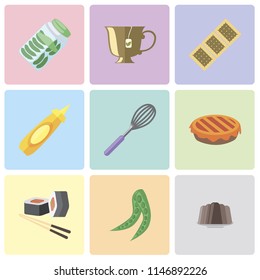 Set Of 9 simple editable icons such as Pudding, Peas, Sushi, Pie, Whisk, Mustard, Biscuit, Tea, Pickles, can be used for mobile, pixel perfect vector icon pack