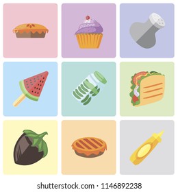 Set Of 9 simple editable icons such as Mustard, Pie, Hazelnut, Taco, Pickles, Ice cream, Salt, Cupcake, can be used for mobile, pixel perfect vector icon pack