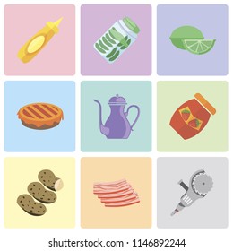 Set Of 9 simple editable icons such as Grinder, Bacon, Potatoes, Jam, Teapot, Pie, Lime, Pickles, Mustard, can be used for mobile, pixel perfect vector icon pack