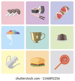 Set Of 9 simple editable icons such as Jawbreaker, Hamburguer, Teapot, Pudding, Tea, Ice cream, Kebab, Sushi, Mushrooms, can be used for mobile, pixel perfect vector icon pack