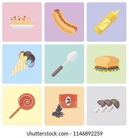 Set Of 9 simple editable icons such as Mushrooms, Seeds, Jawbreaker, Hamburguer, Spoon, Ice cream, Mustard, Hot dog, Risotto, can be used for mobile, pixel perfect vector icon pack