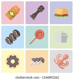 Set Of 9 simple editable icons such as Octopus, Mushrooms, Doughnut, Pot, Jawbreaker, Coffee, Hamburguer, Pepper, Honey, can be used for mobile, pixel perfect vector icon pack