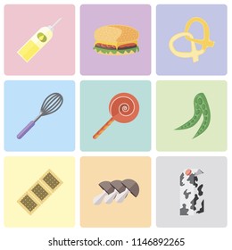 Set Of 9 simple editable icons such as Milk, Mushrooms, Biscuit, Peas, Jawbreaker, Whisk, Pretzel, Hamburguer, Oil, can be used for mobile, pixel perfect vector icon pack