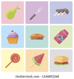 Set Of 9 simple editable icons such as Hamburguer, Ice cream, Jawbreaker, Jam, Pie, Cupcake, Mushrooms, Fork, Pear, can be used for mobile, pixel perfect vector icon pack