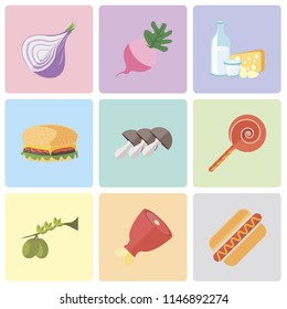 Set Of 9 simple editable icons such as Hot dog, Ham, Olives, Jawbreaker, Mushrooms, Hamburguer, Dairy, Radish, Onion, can be used for mobile, pixel perfect vector icon pack