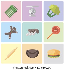 Set Of 9 simple editable icons such as Hamburguer, Bowl, Rolling pin, Jawbreaker, Mushrooms, Gingerbread, Cauliflower, Scale, Asparagus, can be used for mobile, pixel perfect vector icon pack