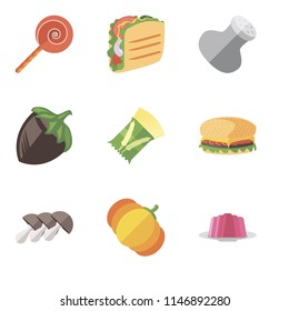 Set Of 9 simple editable icons such as Jelly, Pumpkin, Mushrooms, Hamburguer, Pasta, Hazelnut, Salt, Taco, Jawbreaker, can be used for mobile, pixel perfect vector icon pack