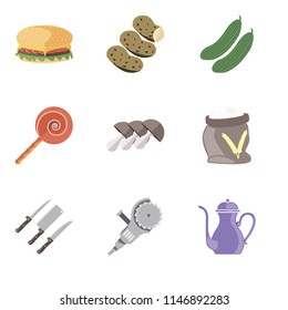 Set Of 9 simple editable icons such as Teapot, Grinder, Knives, Flour, Mushrooms, Jawbreaker, Cucumber, Potatoes, Hamburguer, can be used for mobile, pixel perfect vector icon pack