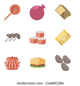 Set Of 9 simple editable icons such as Potatoes, Hamburguer, Pot, Chips, Sushi, Mushrooms, Bread, Pomegranate, Jawbreaker, can be used for mobile, pixel perfect vector icon pack