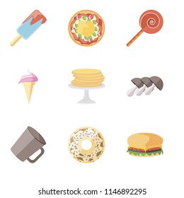 Set Of 9 simple editable icons such as Hamburguer, Doughnut, Mug, Mushrooms, Pancakes, Ice cream, Jawbreaker, Pizza, can be used for mobile, pixel perfect vector icon pack