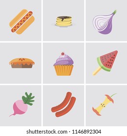Set Of 9 simple editable icons such as Apple, Sausage, Radish, Ice cream, Cupcake, Pie, Onion, Pancakes, Hot dog, can be used for mobile, pixel perfect vector icon pack