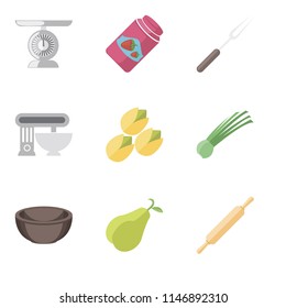 Set Of 9 simple editable icons such as Rolling pin, Pear, Bowl, Chives, Pistachio, Mixer, Fork, Jam, Scale, can be used for mobile, pixel perfect vector icon pack