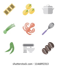 Set Of 9 simple editable icons such as Coffee, Mixer, Peas, Whisk, Octopus, Chives, Pot, Pistachio, Biscuit, can be used for mobile, pixel perfect vector icon pack