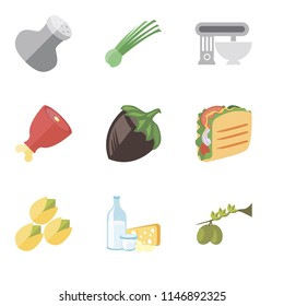 Set Of 9 simple editable icons such as Olives, Dairy, Pistachio, Taco, Hazelnut, Ham, Mixer, Chives, Salt, can be used for mobile, pixel perfect vector icon pack