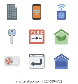 Set Of 9 simple editable icons such as Smart home, Browser, Air conditioner, Fire alarm, key, Socket, Mobile, can be used for mobile, pixel perfect vector icon pack
