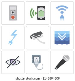 Set Of 9 simple editable icons such as Microphone, Plug, Blind, Deep, Security camera, Power, Wireless, Smartphone, Intercom, can be used for mobile, pixel perfect vector icon pack