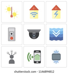 Set Of 9 simple editable icons such as Cool, Smartphone, Smart, Deep, Security camera, Intercom, Home, Automation, Temperature, can be used for mobile, pixel perfect vector icon pack