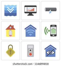Set Of 9 simple editable icons such as Smart home, Intercom, Locking, Smartphone, Home, Leak, Dashboard, Deep, can be used for mobile, pixel perfect vector icon pack