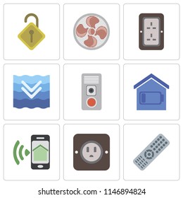 Set Of 9 simple editable icons such as Remote, Plug, Smartphone, Smart home, Intercom, Deep, Fan, Locked, can be used for mobile, pixel perfect vector icon pack