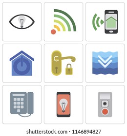 Set Of 9 simple editable icons such as Intercom, Mobile, Dial, Deep, Handle, Smart home, Smartphone, Wifi, Smart, can be used for mobile, pixel perfect vector icon pack