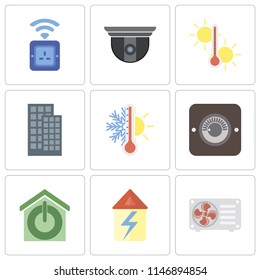 Set Of 9 simple editable icons such as Air conditioner, Home, Smart home, Dimmer, Thermostat, Temperature, Security camera, Socket, can be used for mobile, pixel perfect vector icon pack