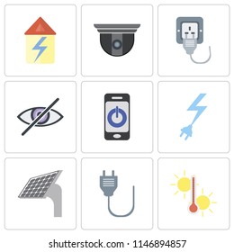 Set Of 9 simple editable icons such as Temperature, Plug, Panel, Power, Smartphone, Blind, Security camera, Home, can be used for mobile, pixel perfect vector icon pack