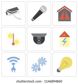 Set Of 9 simple editable icons such as Light, Temperature, Wireless, Home, Security camera, Smart home, Microphone, can be used for mobile, pixel perfect vector icon