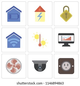 Set Of 9 simple editable icons such as Plug, Security camera, Fan, Dashboard, Temperature, Smart home, Locking, Home, can be used for mobile, pixel perfect vector icon pack