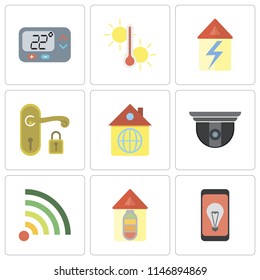 Set Of 9 simple editable icons such as Mobile, Home, Wifi, Security camera, Handle, Temperature, Thermostat, can be used for mobile, pixel perfect vector icon pack