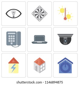 Set Of 9 simple editable icons such as Smart home, Home, Security camera, Laptop, Dial, Temperature, Cooler, Smart, can be used for mobile, pixel perfect vector icon pack