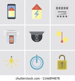 Set Of 9 simple editable icons such as Unlock, Power, Light, Temperature, Security camera, Air conditioner, Meter, Home, Smart home, can be used for mobile, pixel perfect vector icon pack