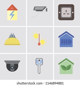 Set Of 9 simple editable icons such as Smart home, key, Security camera, Temperature, Lightbulb, Plug, Cctv, Home, can be used for mobile, pixel perfect vector icon pack