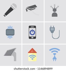 Set Of 9 simple editable icons such as Wireless, Automation, Panel, Plug, Smartphone, Cool, Smart, Security camera, Microphone, can be used for mobile, pixel perfect vector icon pack