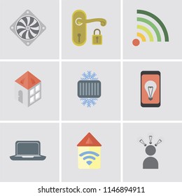 Set Of 9 simple editable icons such as Smart, Automation, Laptop, Mobile, Cool, Home, Wifi, Handle, Cooler, can be used for mobile, pixel perfect vector icon pack