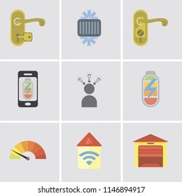 Set Of 9 simple editable icons such as Garage, Automation, Meter, Power, Smart, Mobile phone, Doorknob, Cool, Handle, can be used for mobile, pixel perfect vector icon pack