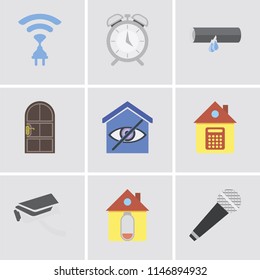 Set Of 9 simple editable icons such as Microphone, Home, Security camera, Smart home, Door, Leak, Alarm, Wireless, can be used for mobile, pixel perfect vector icon pack