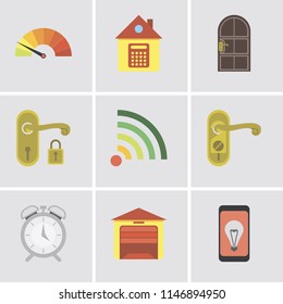 Set Of 9 simple editable icons such as Mobile, Garage, Alarm, Doorknob, Wifi, Handle, Door, Home, Meter, can be used for mobile, pixel perfect vector icon pack