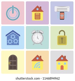 Set Of 9 simple editable icons such as Home, Door, Unlock, Alarm, Smart home, Air conditioner, Power, can be used for mobile, pixel perfect vector icon pack