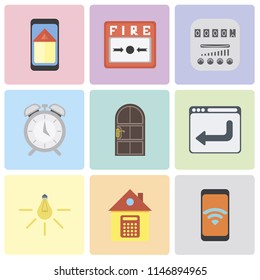 Set Of 9 simple editable icons such as Mobile, Home, Light, Browser, Door, Alarm, Meter, Fire alarm, Smart home, can be used for mobile, pixel perfect vector icon pack