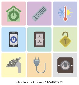 Set Of 9 simple editable icons such as Dimmer, Plug, Panel, Locked, Smartphone, Thermostat, Remote, Smart home, can be used for mobile, pixel perfect vector icon pack