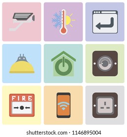 Set Of 9 simple editable icons such as Plug, Mobile, Fire alarm, Dimmer, Smart home, Lightbulb, Browser, Thermostat, Cctv, can be used for mobile, pixel perfect vector icon pack